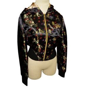 Lot29 Y2K Black Satin Skull Print Cropped Zip Hoodie Jacket Gold Logo Women’s M